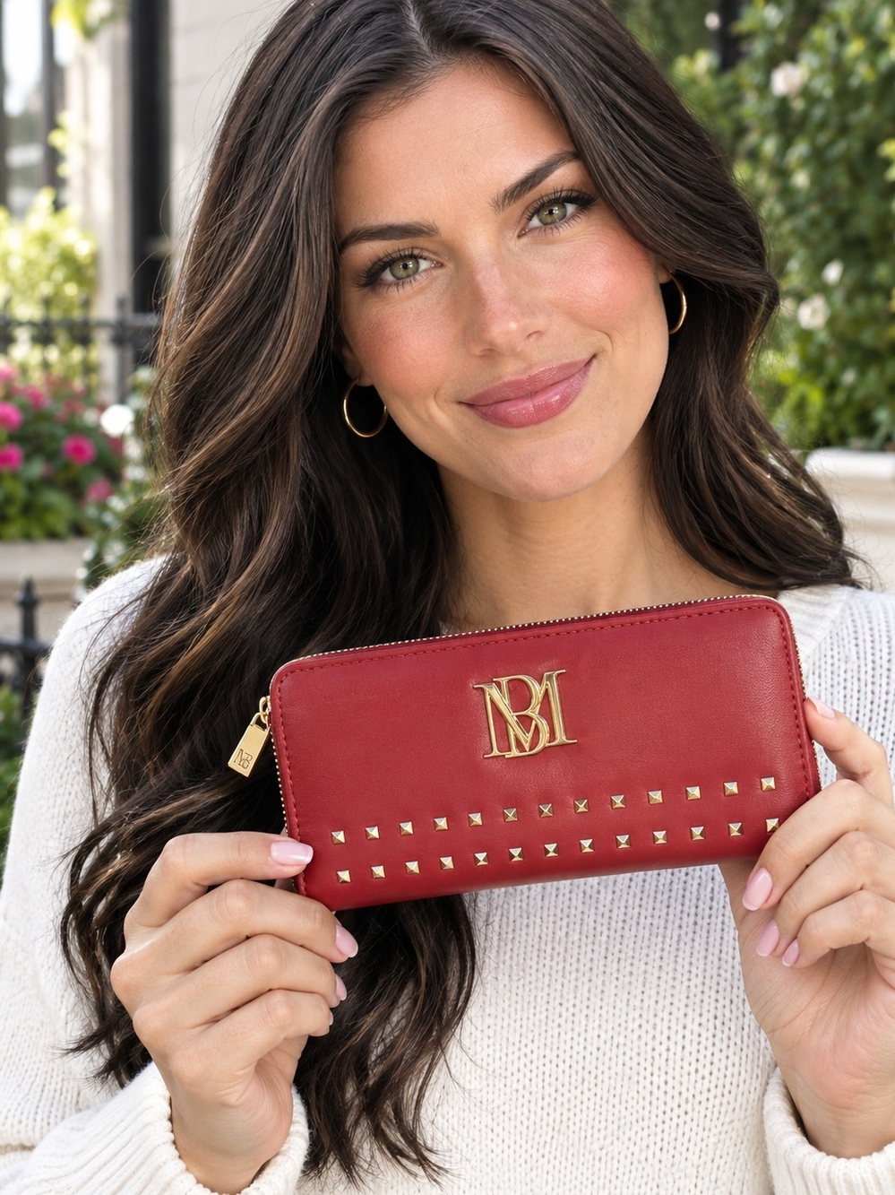 Badgley Mischka Women’s Red Zip-Around Wallet with Gold Logo & Stud Detail